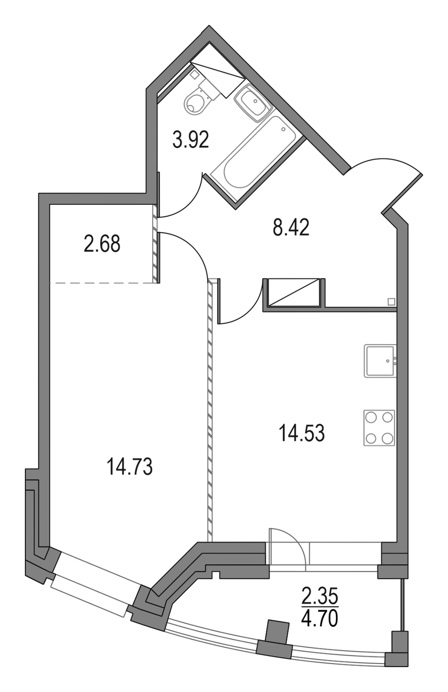 1-комнатная квартира 44.28 м², 3/23 эт., ЖК «Приморский квартал»